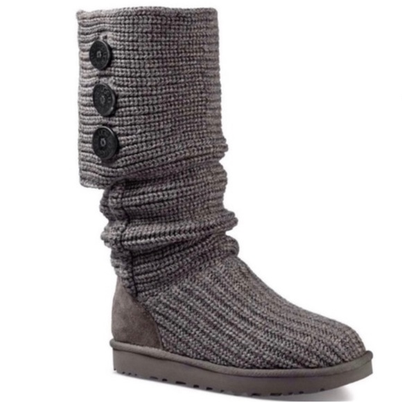 UGG Shoes - Ugg Womens 10 Classic Cardy Gray Ribbed Knit Boots Button Sheepskin Lining